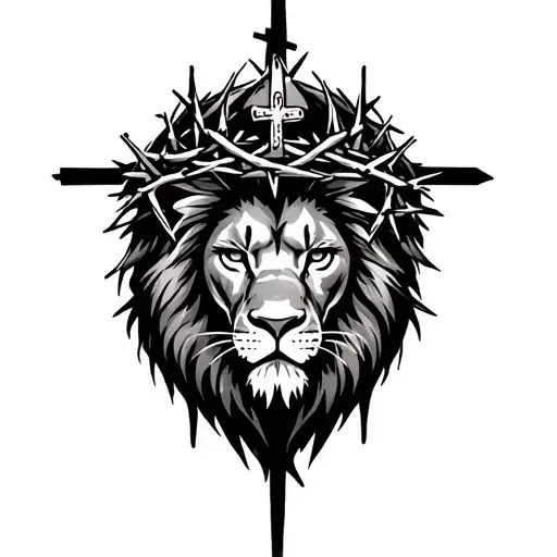 Lion With Crosses In Background With Crown Of Thorns
