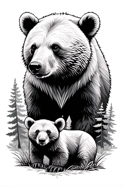 Bear And Cub Geometric Forest