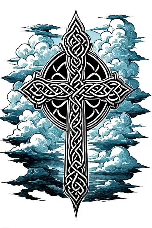Black Celtic Cross Fading Into Sky Blue Clouds Above
