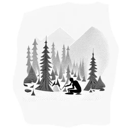 Silhouette Of A Man Alone In Front Of A Campfire In A Forest