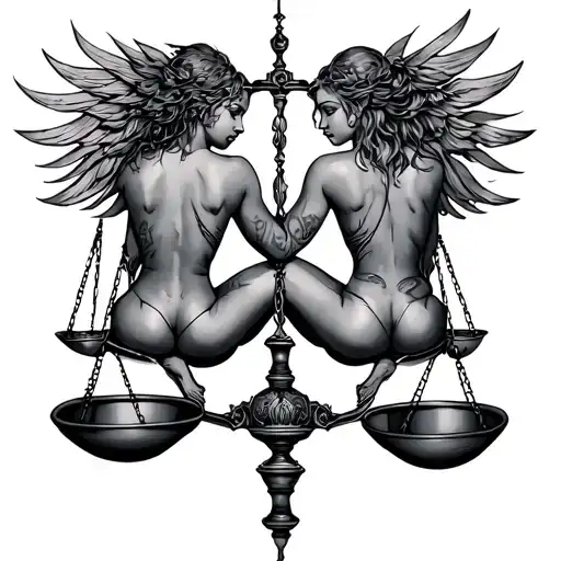 Gemini Twins Sitting On Tilting Libra Scales Made