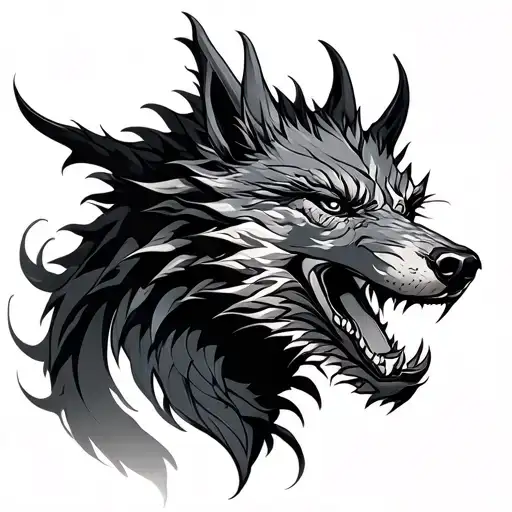 Dragon And Wolf Head Surrounded