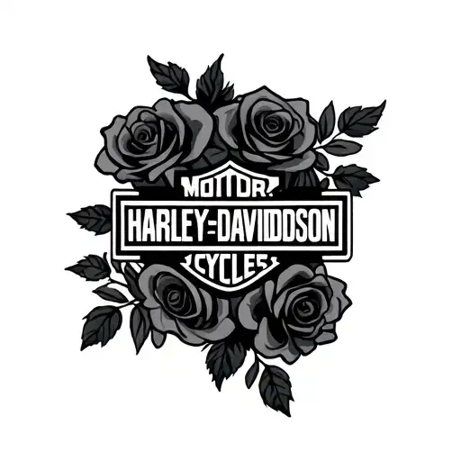 A Black And Grey Harley Davidson Logo With Softly Shaded Black And Grey Roses Around It