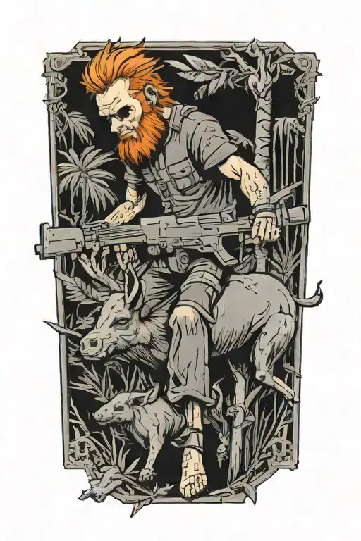 Man With Orange Hair And Blistered Face Riding Collared Peccary On A Crucifix With A Gun In Jungle