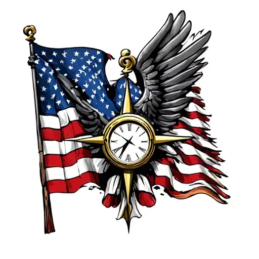 Usa Flag With Compass And Clock