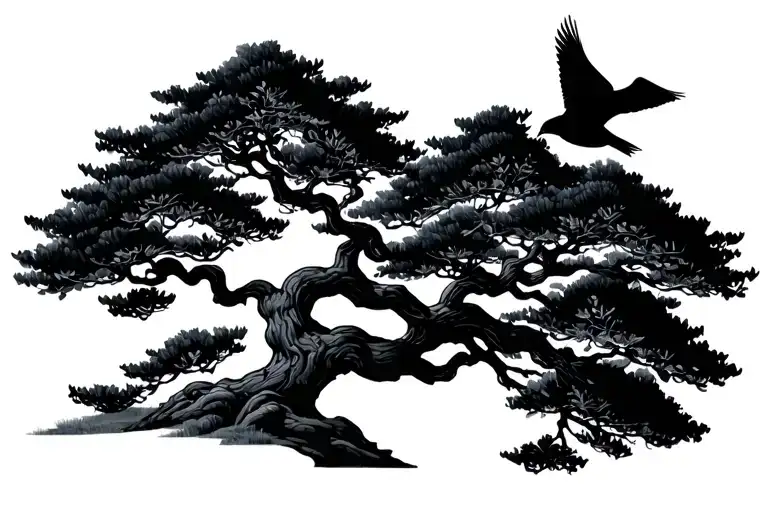 Bonsai Tree And Bird Flying