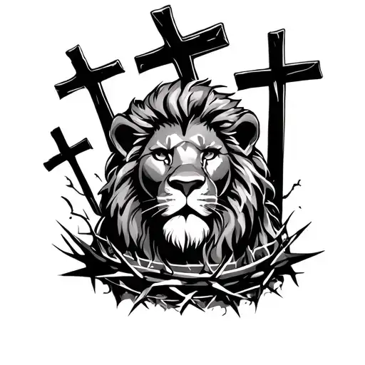 Lion With 3 Crosses In Background With Crown Of Thorns And Sunset