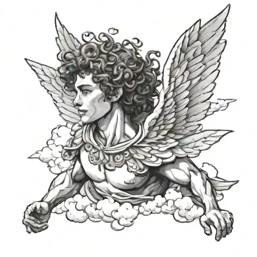 Make Icarus Handsome Young Curly Boy With Masculine Features Falling From The Sky With Clouds