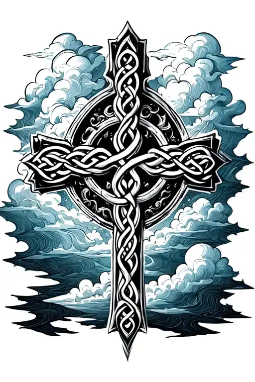 Black Celtic Cross Fading Into Sky Blue Clouds Above