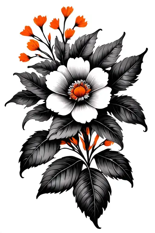 Floral Design With Orange Accents And Shaded Leaves