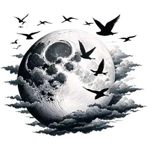 Moon Covered By Clouds With Birds Flying And Xo Till We Overdose