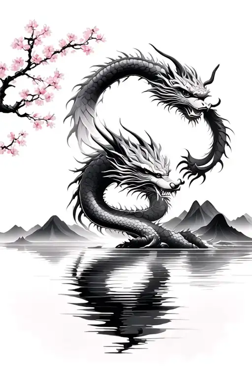 Chinese Dragon Over Water With Mountains And Cherry Blossoms In Background