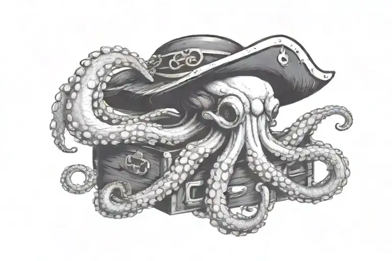 An Octopus With Pirate-themed Accessories Like A Tricorn Hat And A Treasure Chest