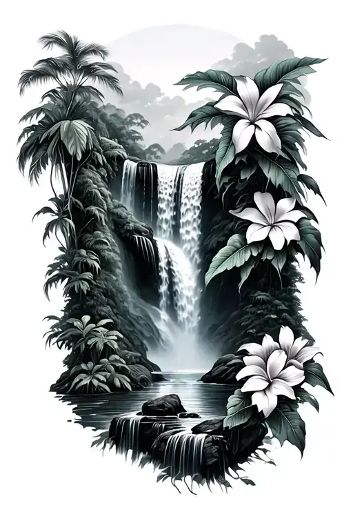 Rainforest Waterfall With Tropical Flowers
