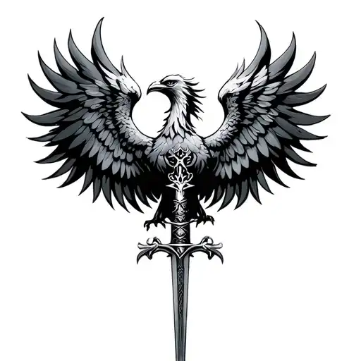 Phoenix With Open Wings In 2D And Sword In Middle