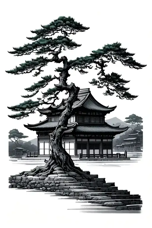 Pine Tree With Korean Hanok Traditional House