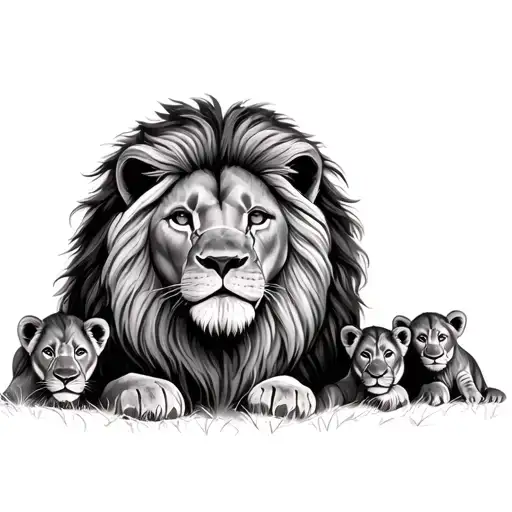 Lion With Lionness And Two Cubs