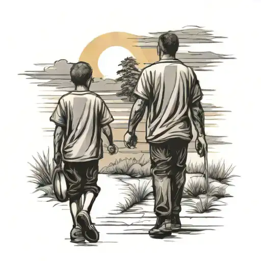 Dad And Son Walking Toward Sunset