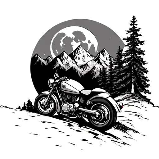 A Motocycle Under The Moon And On The Mountains Which Has Lots Of Trees