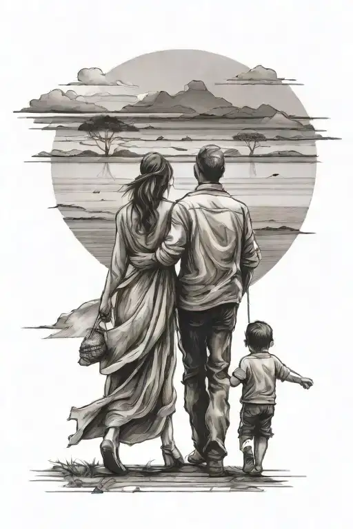 Father Mother And Son Walking Towards The Horizon