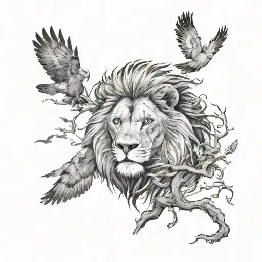 Lion Head With Mane Next To A Tree With Birds Flying Out