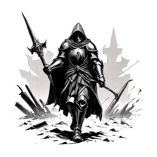 A Knight Clad In Black Armor With A Hooded Robe Walking Through The Remains A Great Battle