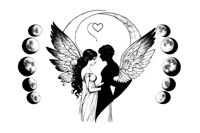 Fairy Woman In Love With Male Angel In Front Of Moon Phases