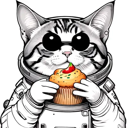 Cat With An Eyepatch And In A Space Suit Eating A Muffin