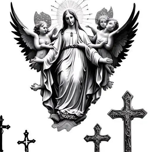 Virgen Mary With Angels And Three Crosses As Background