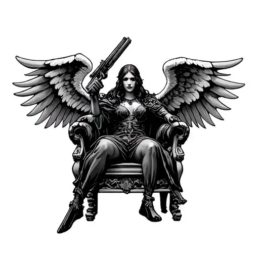 Black Winged Gothic Angel Holding Guns On A Throne Of Bones