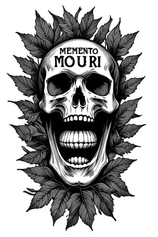 Skull Mouth Open Leaves Around It Memento Mori Text
