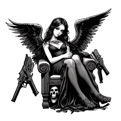 Gothic Girl Black Winged Angel Holding Guns On A Throne Made Of Skulls