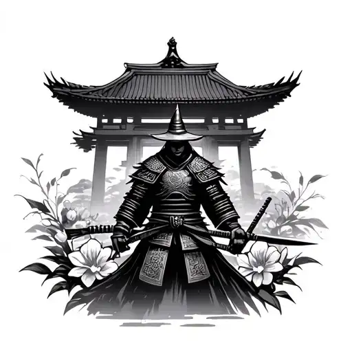 Samurai Warrior Infront Of A Temple With Flowers