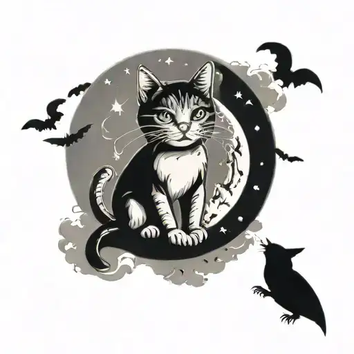 Cat On A Moon Sitting With Clouds And Bats Flying Across