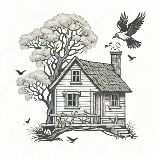 Small House With Tree And Birds
