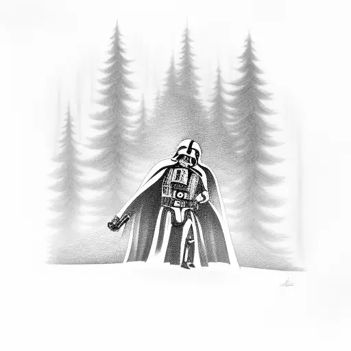 Full Sized Vader Standing With A Lightsaber In A Forest