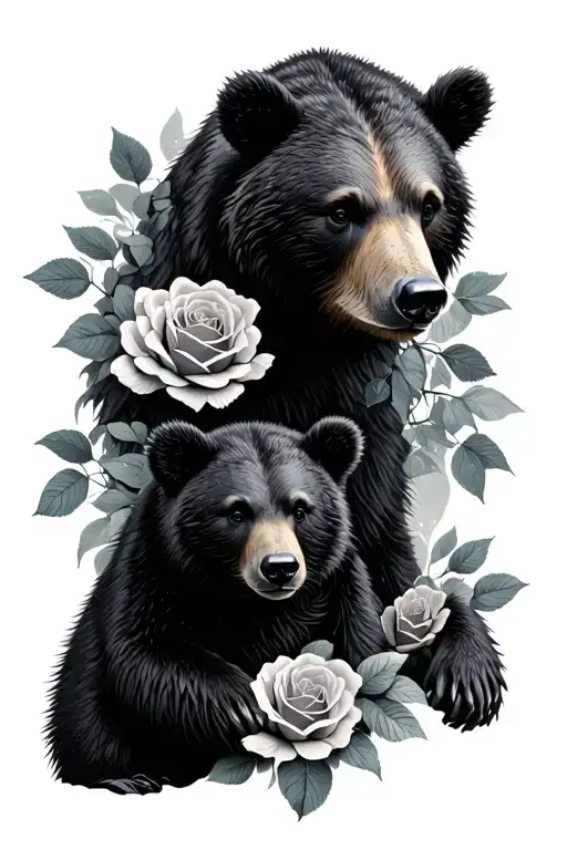 Bear And Cub Surrealism Roses Forest
