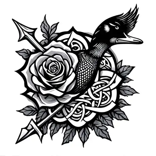 Abstract Celtic Loon Tattoo With Rose And Ukrainian Trident