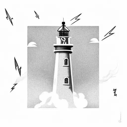 Lighthouse With Lightning Storm And Airplane Flying