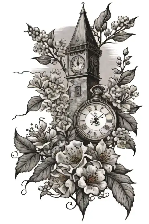 A Beach Scene With A Clock Tower In The Background And Hawthorn Flowers In The Foreground