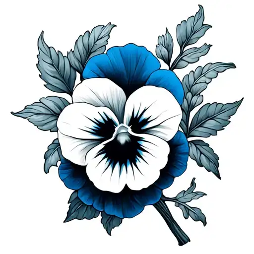 Realistic Blue White And Black Tattoo Pansy Plant Flower With Stems And Leaves Fine Lineart Style