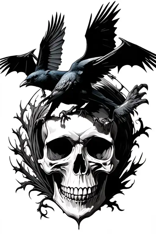 Skull And Crows And Bats Flying