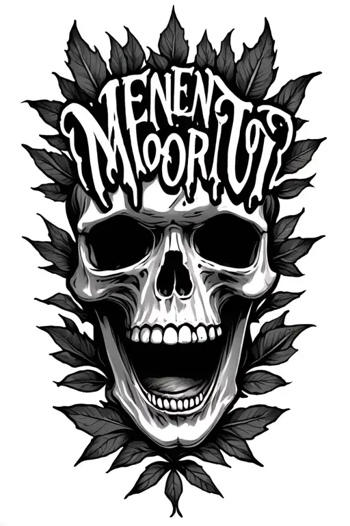 Skull Mouth Open Leaves Around It Memento Mori Text