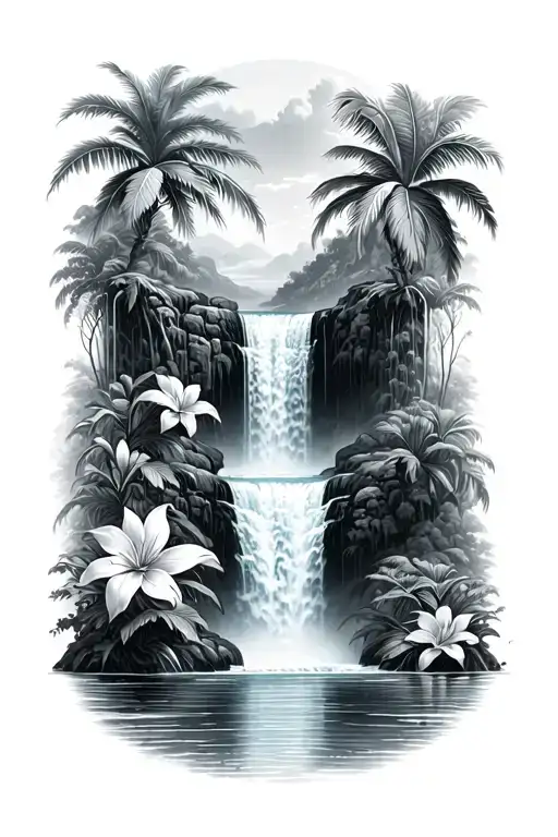 Tropical Waterfall With Tropical Flowers
