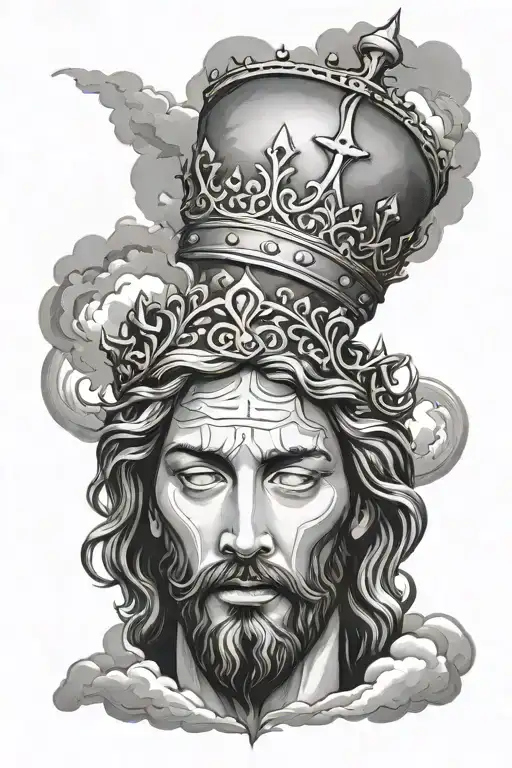 Jesus Face With Crown And Clouds Surrounding