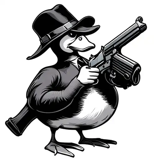 Simple Fineline Duck Wearing A Fedora Holding A Gun