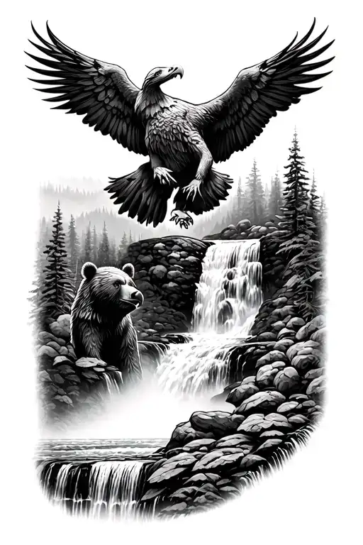 Bear And Eagle At Waterfall Surrounded By Lush