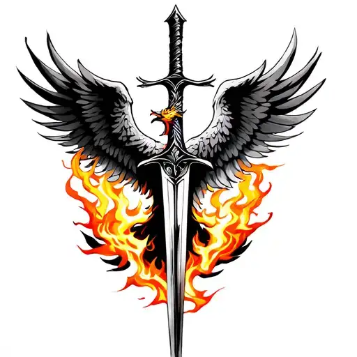 Phoenix With Open Wings And Fire In 2D And Sword In Middle