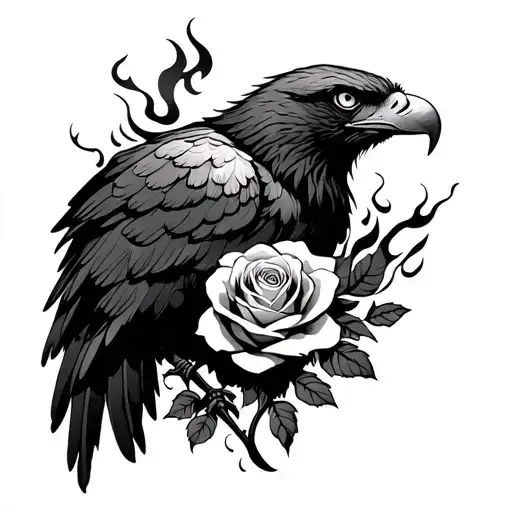 Fire Eagle With Ribcage With Rose As Heart