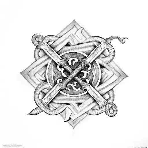 Sword With 2 Snakes Intertwined Around It With Leaves And Daisy's